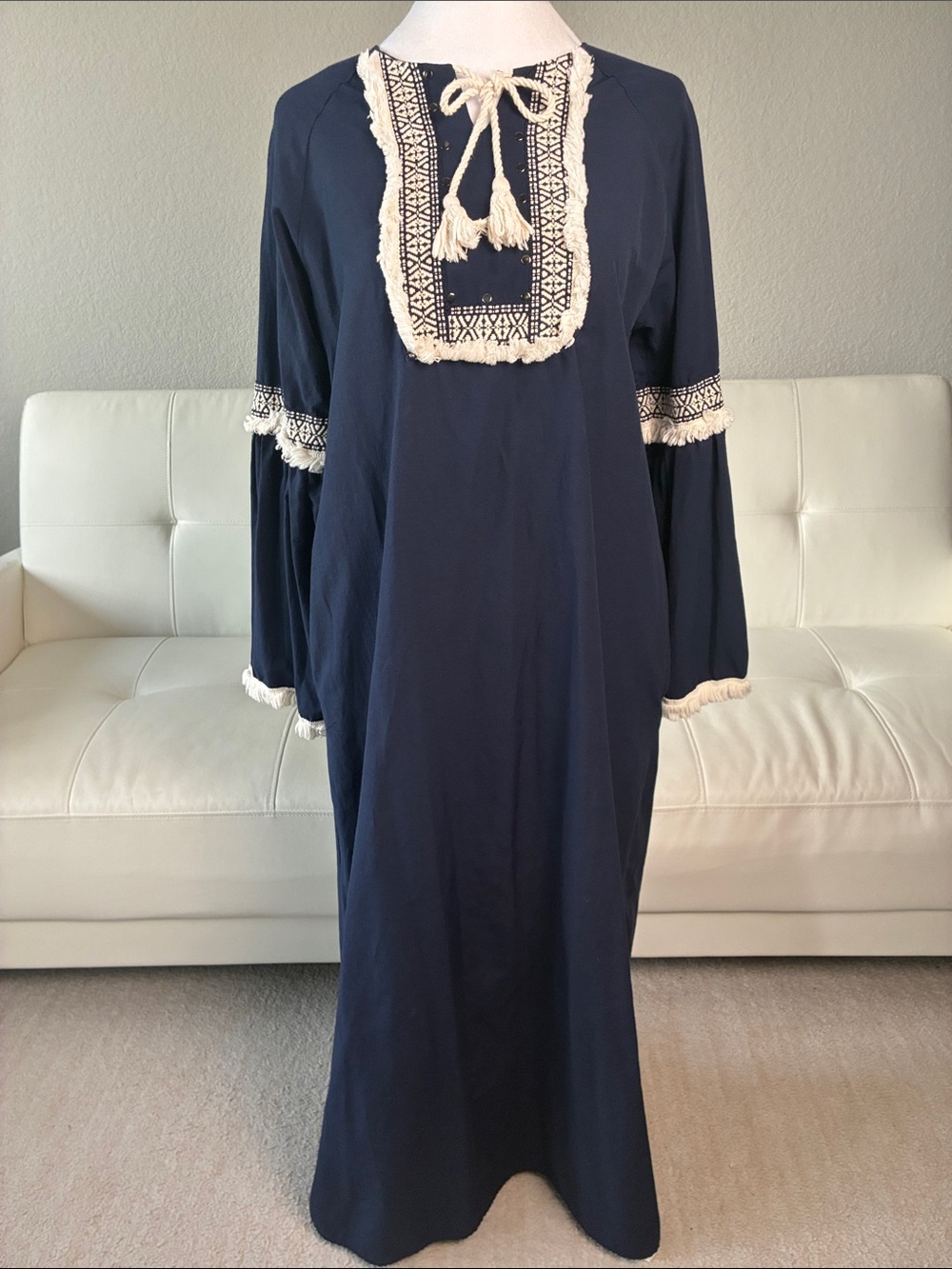 Bohemian Navy Maxi Dress with Cream Embroidered Yoke and Tassel Tie